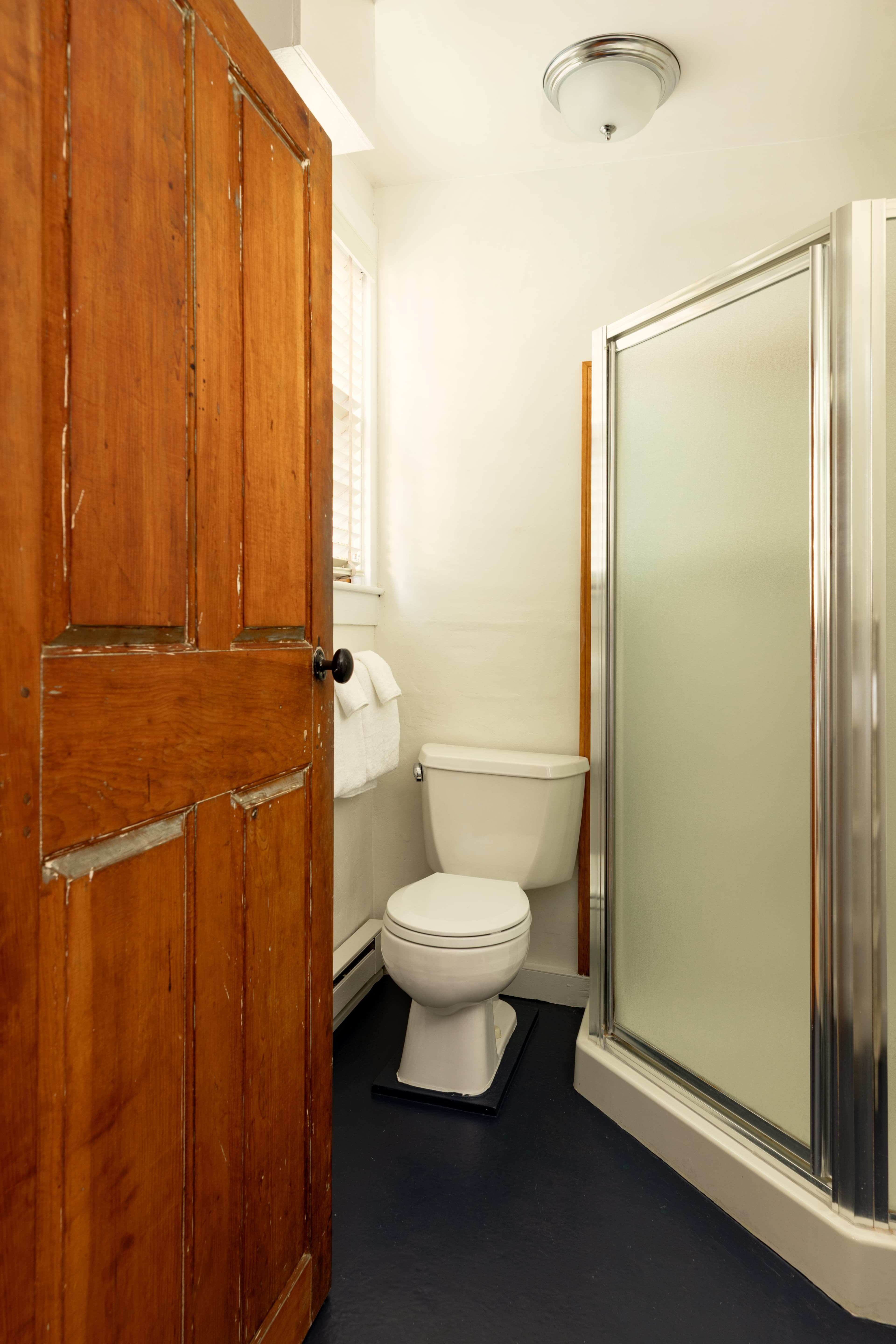 A compact bathroom with a white toilet, a glass-enclosed shower, and a dark floor, viewed from behind an open wooden door.